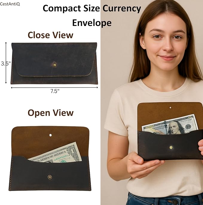 Leather Currency Pouch Large Flap Continental Wallet, Utility Organizer Bag for Cash Coins Travel Leather Money Pouch Envelope Storage Bag and Cash Organizer Men Women (Dark Brown)