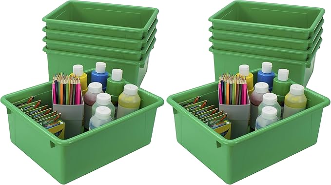 Storex Letter Size Deep Storage Tray – Organizer Bin for Classroom, Office and Home, Green, 10-Pack (62527A05C), 10 x 13 x 5 Inches