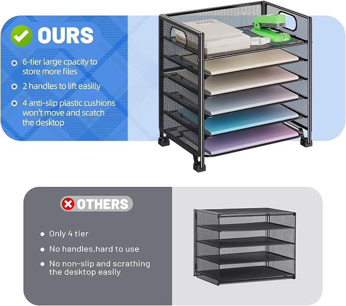 Simple Trending 6-Tier Letter Tray Organizer, Metal Mesh File Holder, Black | 6-Tier Large Capacity Paper Organizer | Metal Mesh | Non-Slip Feet | Tool-Free Assembly | 24H Support | Black for Office