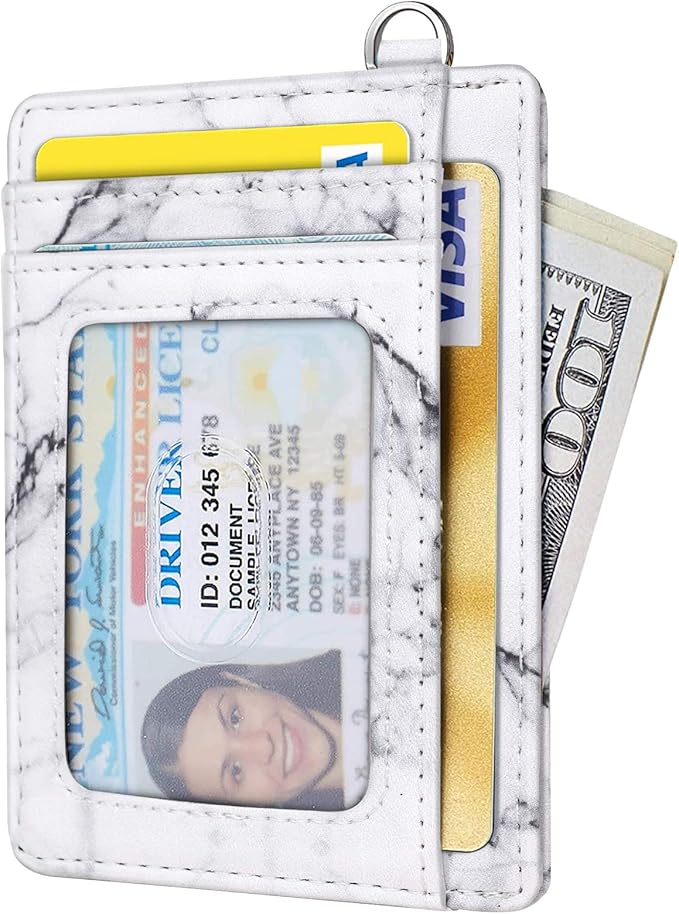 Coco Rossi Slim Front Pocket Wallet RFID Blocking Minimalist Credit Card Holder Wallet with D-Shackle for Women,White Marble
