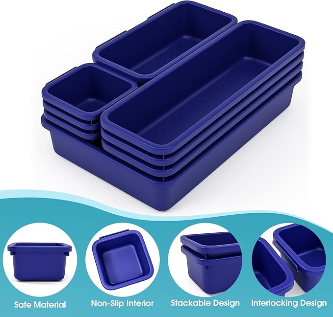 10 PCS Drawer Organizer Set, 4 Size Makeup Drawer Divider Organizer With Non-Slip Pads, Interlocking Plastic Storage Bins for Office,Jewelry Vanity,Gadgets, Bathroom,Kitchen, Navy
