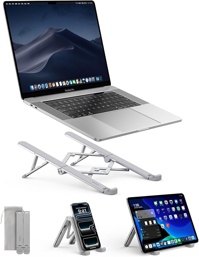 SODI Ultra Compact Foldable Laptop Stand - Portable Laptop Holder for Desk & Travel Use, Adjustable, Ergonomic Aluminum Computer Holder for MacBook, Tablet 10-16" (Light Gray, Bi-Fold-Horizontal)