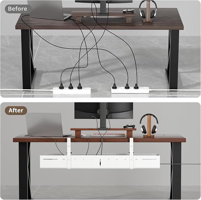 Under Desk Cable Management Tray, Expandable 25.2"–38.6" Heavy Duty Carbon Steel with Clamp, Hidden Cord Organizer for Desk, Home Office & Standing Desk, No Drill Installation, White