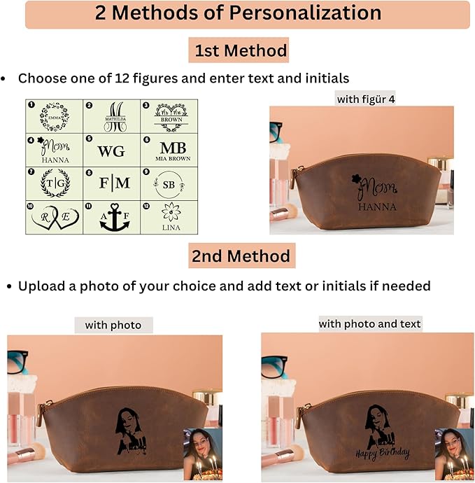 Blade Premium Personalized Genuine Leather Cosmetic Makeup Bag - Wedding Gift for Bridesmaid, Travel Organizer Clutch for Women with Zipper Pouch for Toiletry Essentials (Tobacco)