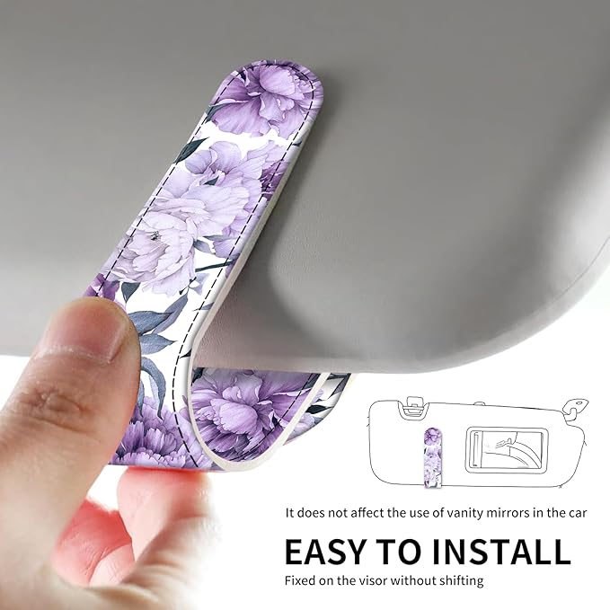 Leather Magnetic Sunglass Holder for Car Sun Visor, Cute Eyeglass Ticket Card Hanger Clip, Universal Auto Interior Accessories for SUV Pickup Truck Purple Floral