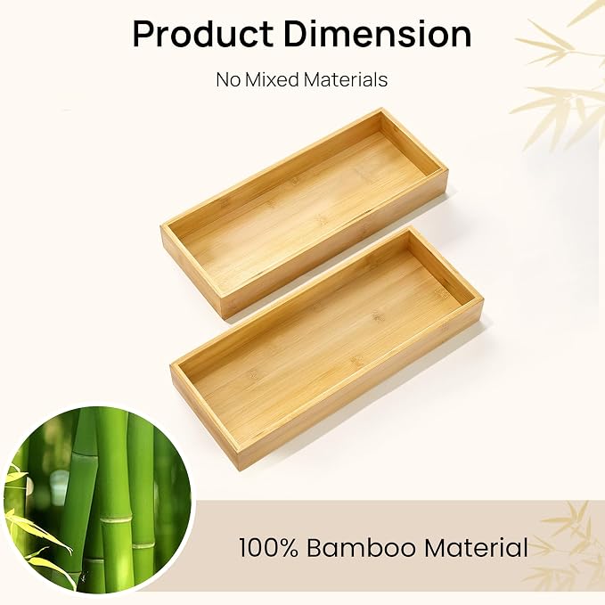 Vtopmart Bamboo Drawer Organizer Boxes - Set of 2 Multi-purpose Wooden Storage Dividers for Kitchen, Bathroom, Office, Desk, Makeup, Jewelry & More, Non-Slip Junk Drawer Organizer Trays for Storage