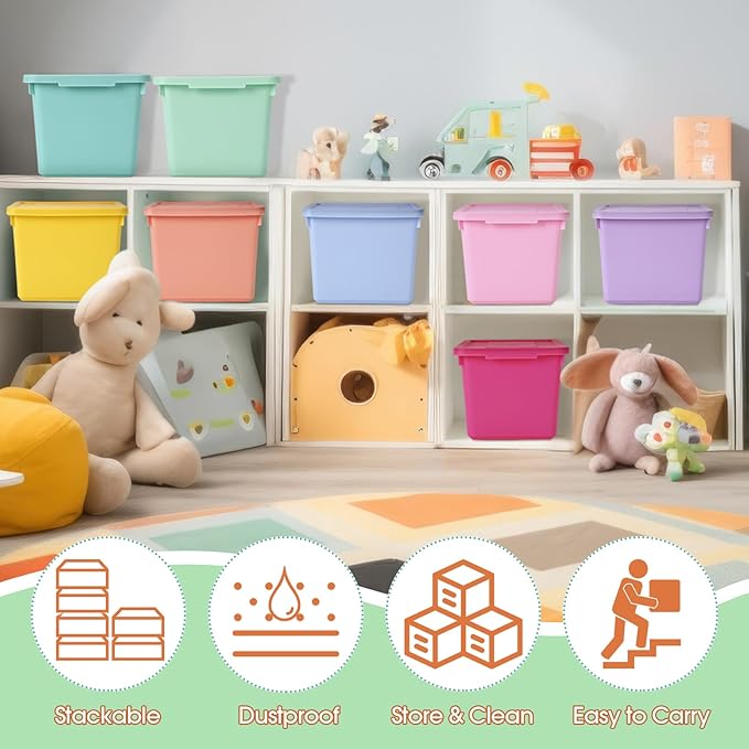 Potchen 8 Pack Cute Plastic Storage Bins with Lids Decorative Stackable Storage Boxes 9.8" ×7.3" ×5.7" Small Storing Totes for Organizing Craft Office Supplies (Mixed Color)