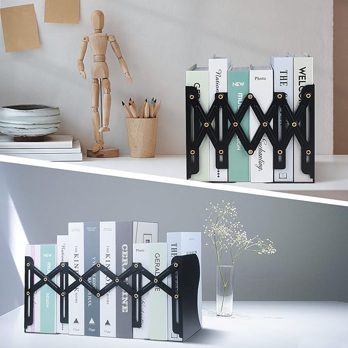 Adjustable Bookends, 19 inches 2 Dividers Heavy Duty Metal Book Holders, Book Storage Rack, Desk Organizer Magazine File Holder for Office, School, Bookstore and Home, Black
