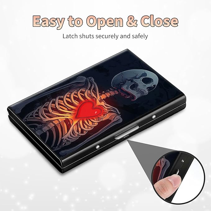 Slim Credit Card Holder, Skull Heart RFID Blocking Metal Wallet for Men & Women, Aluminum Minimalist Hard Case Pocket-Sized Business Cards Organizer (Fits Up to 10 Cards)