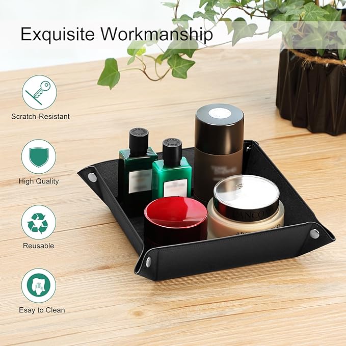 SITHON Valet Tray Desktop Storage Organizer - Multi-Use PU Leather Catchall Tray Bedside Nightstand Caddy Dice Holder for Keys, Phone, Wallet, Coin, Jewelry, Traveling and More, Black