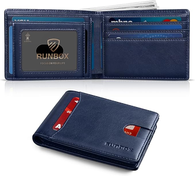 RUNBOX Wallet for Men Slim 11 Credit Card Holder Slots Leather RFID Blocking Small Thin Men's Wallet Bifold Minimalist Front Pocket Large Capacity Gift Box