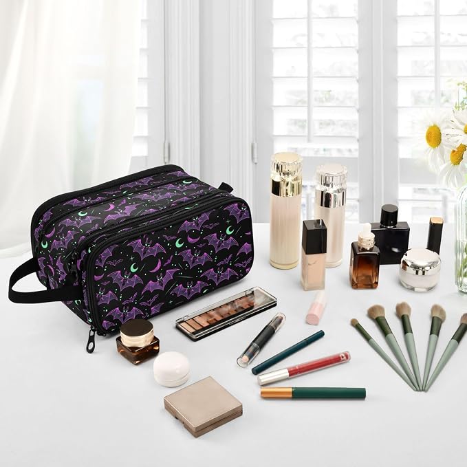 MNSRUU Large Capacity Makeup Bag, Neon Purple and Bats Stars and Moons Cosmetic Bag Portable Toiletries Pouch with Compartments Makeup Organizer Case for Travel Women
