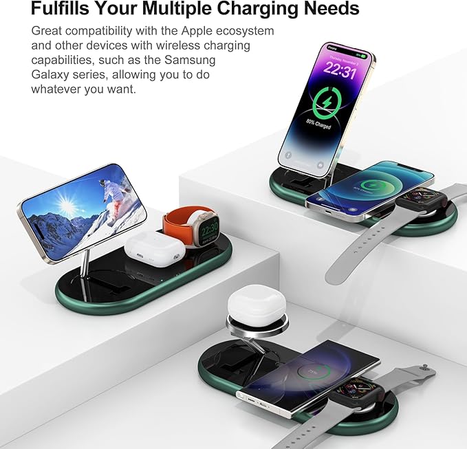 3 in 1 Charging Station for Apple Devices, Faster Mag-Safe Charger Stand, Magnetic Wireless Charger Station for iPhone 17 16 15 14 13 12 Pro Max Plus, Apple Watch iwacth & AirPods, (Alpine Green)