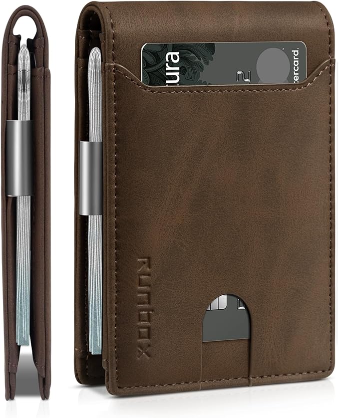 RUNBOX Slim Wallets for Men - Leather Money Clip Mens Wallet - RFID Blocking Front Pocket Bifold Wallet - Thin Credit Card Holder with Gift Box