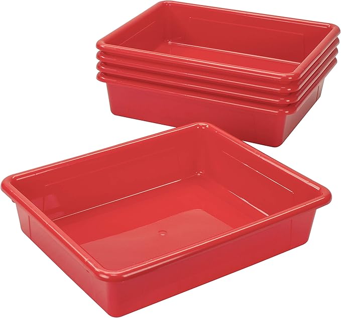 Storex Letter Size Flat Storage Tray – Organizer Bin for Classroom, Office and Home, Red, 5-Pack (62518A05C),10 x 13 x 3 Inches