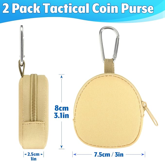 Keychain Pouch Coin Pouch Compact EDC Pouches Data Cable Organizer Earphone Earbuds Storage Zipper Case Bag with Clip on Hook for Mini Gear Bag, Change Wallet (Khaki)