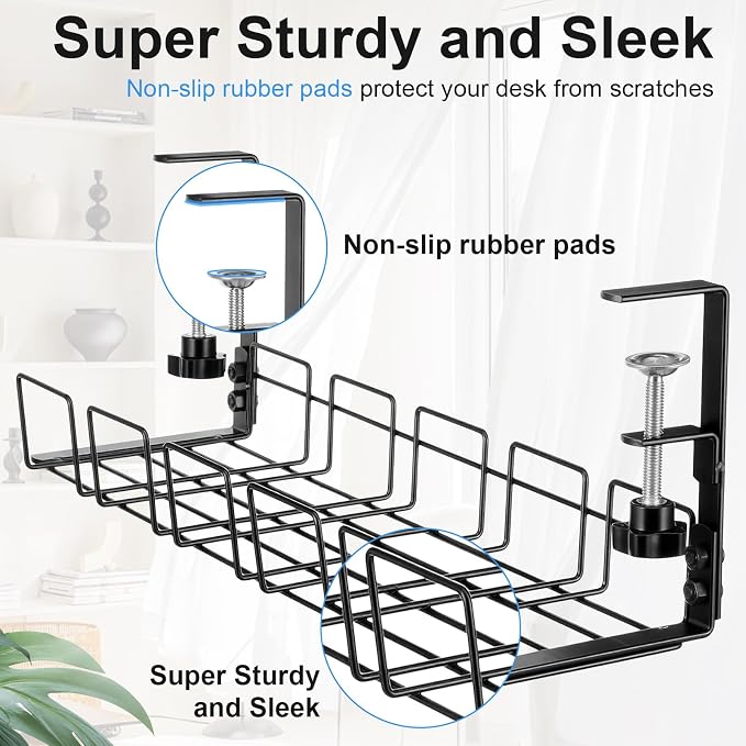 2 PCS Under Desk Cable Management Tray, L 15.7'' W 5.1'' No Drill Steel Desk Cable Organizers, Wire Management Tray