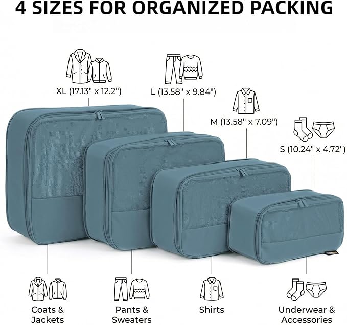4 Piece Compression Packing Cubes for 3–7 Day Travel, Lightweight Travel Organizers with Breathable Mesh, Double-Zipper Packing Cubes for Carry-On & Suitcases (Gray Blue)