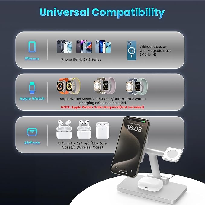 Magnetic 3 in 1 Wireless Station Foldable: JoyGeek MagSafe Charging Stand for iPhone 17 Air 16 Pro 15 Max, Apple Watch SE 2, AirPods Pro 3 (Gray)