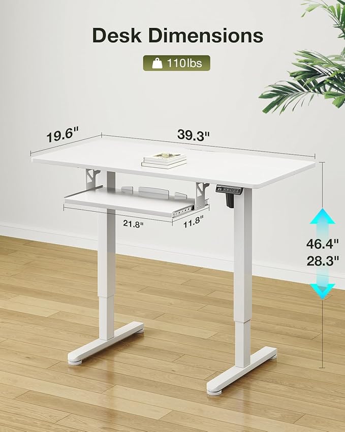 Casaottima Electric Standing Desk with Keyboard Tray, 40 Inch Height Adjustable Small Table, Sit Stand Table, Writing Computer Desk for Home, Office, Workstation, White