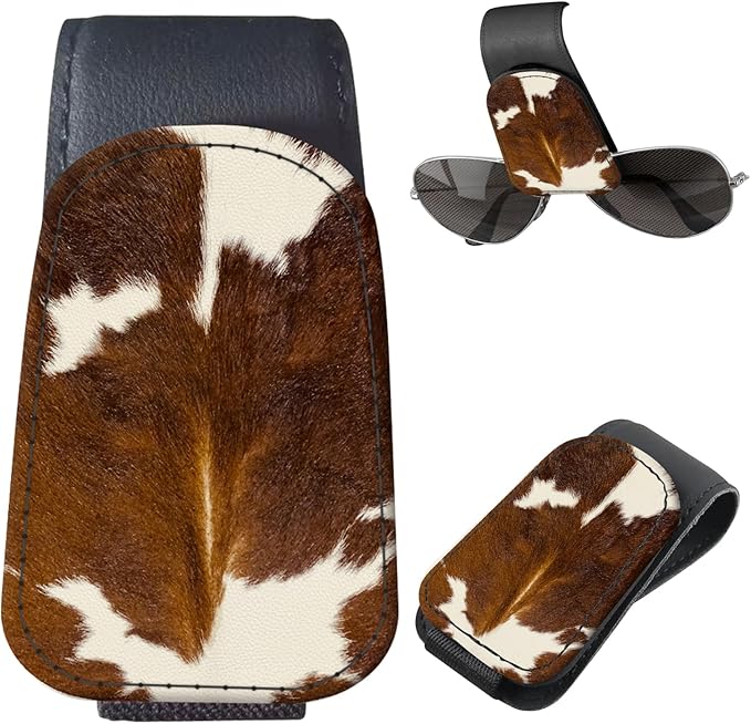 Sunglasses Holder for Car Visor, PU Leather Glasses Clip Organizer, Cute Magnetic Eyeglass Holder for Vehicle Sun Visor, Car Interior Accessory for Women & Men Brown Cow Hide