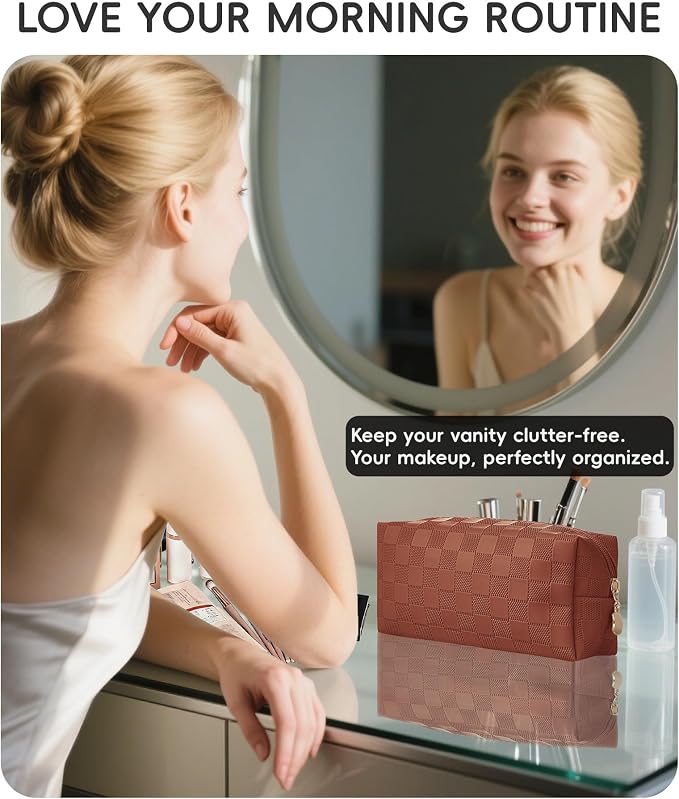 Checkered Makeup Bag for Purse - Cute PU Leather Travel Cosmetic Pouch for Women, Portable Flat Toiletry Organizer with Gold Zipper(brown)