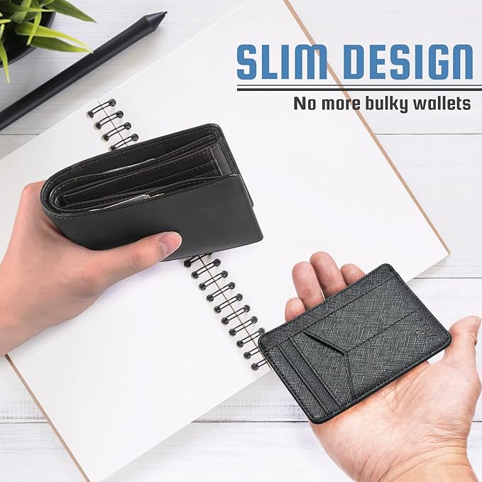 RFID Slim Wallet for Men Women, 8 Card Slot Leather Minimalist Front Pocket Credit Card Holders Carbon Fiber Leather Black