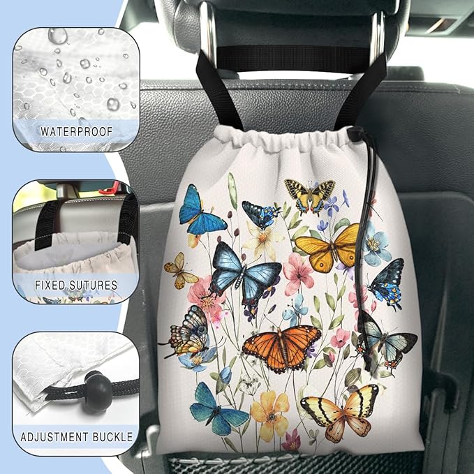 Car Trash Bag Hanging Back of Seat Waterproof Small Cute Printed One-Handed Strap Drawstring Garbage Bags for Car-Butterfly Wildflower