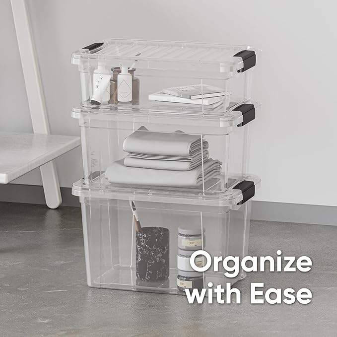 Superio Storage Bins with Lids- 3 Pack, 7.4 Qt Clear Boxes for Organizing, Stackable Plastic Containers- BPA Free, Non-Toxic, Odor Free, Organizer for Home, Office, Dorm