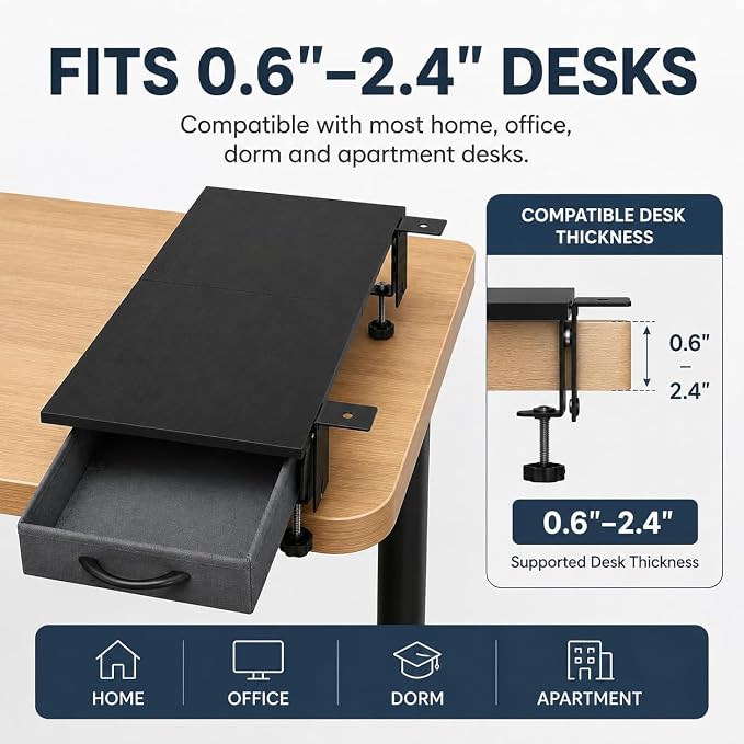 Desk Extender Tray with Drawer, 24 x 12 in, Clamp On Desk Shelf, Black | Extension Table Extender, Keyboard Tray Arm Rest, Front or Side Mount, 55 lbs, Home Office Gaming