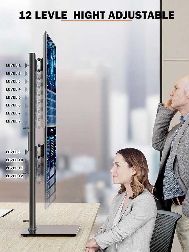 Dual Monitor Stand - Vertical Stack Screen Free-Standing Monitor Riser Fits Two 13 to 34 Inch Screen with Swivel, Tilt, Height Adjustable, Holds One (1) Screen Up to 44Lbs