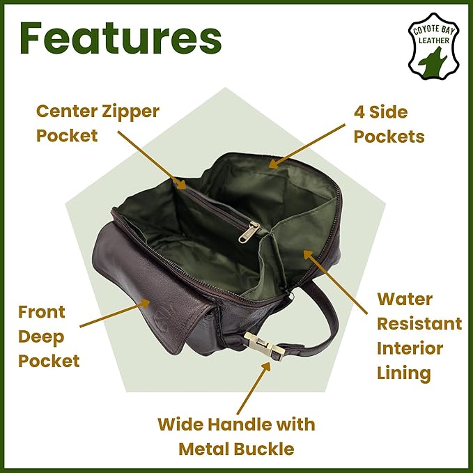 Coyote Bay® Flypouch Premium Full Grain Soft Leather Toiletry Bag, Large 9 Inch, Makeup Bag, Travel Organizer Pouch, Shaving Kit, Cosmetics Toiletry Bathroom Organizer (Brown, Large)