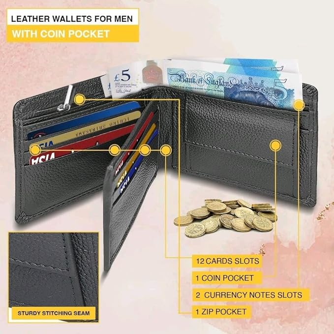Premium Leather Mens Wallets ‒ RFID Blocking Wallet with Coin Pocket & Zip ‒ Bifold Wallets for Men with 12 Card Slots & 2 Bank Note Compartments ‒ Wallet with Gift Box (Black)