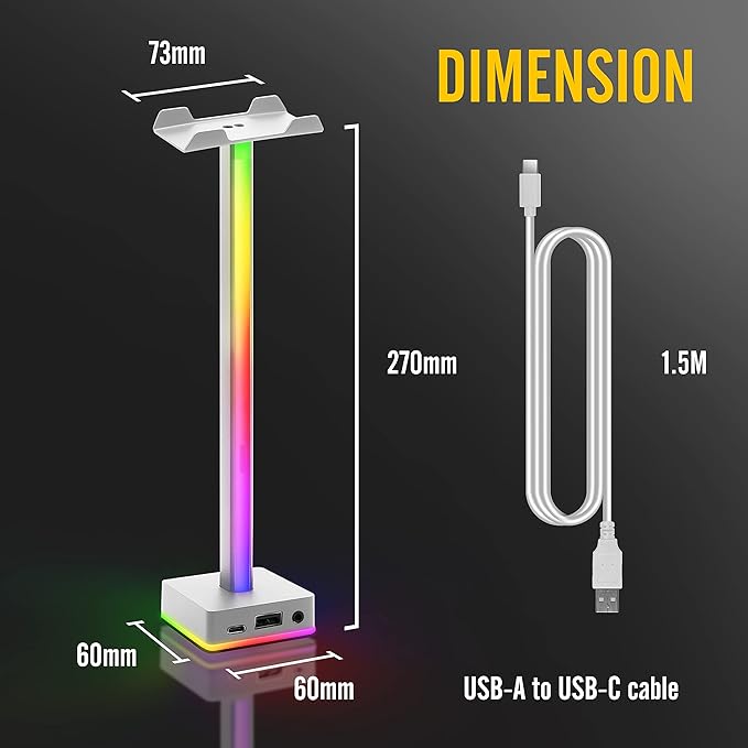 EZDIY-FAB USB LED Light Bar Headphones Stand, Desktop Atmosphere RGB Backlight,50 Built-in Color Modes, Headphone Holder for Gamers Gaming PC Accessories Desk- White- 1 Pack