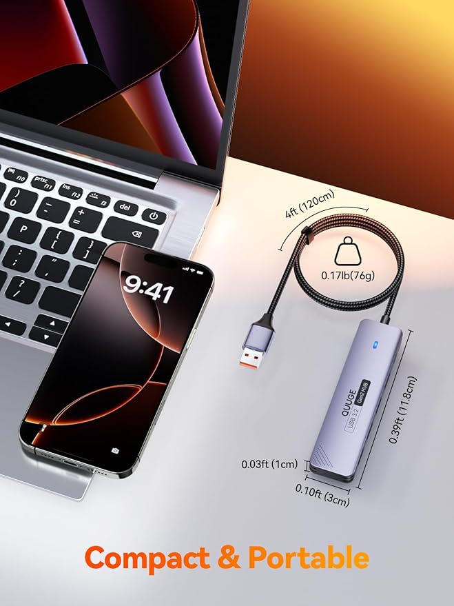 USB 3.2 Gen2 Hub, QUUGE 5-in-1 USB Splitter with 4 USB-A 10Gbps Ports, USB Multiport Adapter with 120cm Nylon Cable, 5V 2A Type-C Power Port for MacBook, Mac Pro, iMac, Laptop, PC, Flash Drive, HDD