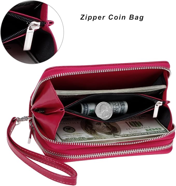 Cellphone Wallet for Women Dual Zipper Long Purse with Removable Wristlet
