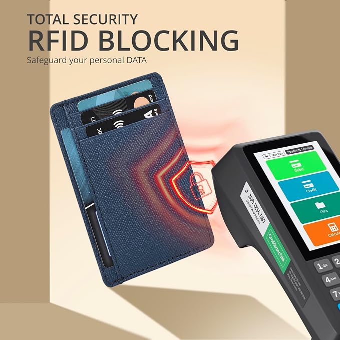 Real Leather Slim Minimalist Wallet for Men and Women -RFID Blocking Front Pocket Thin Credit Card Holder Stylish Wallets (Jeans Blue)