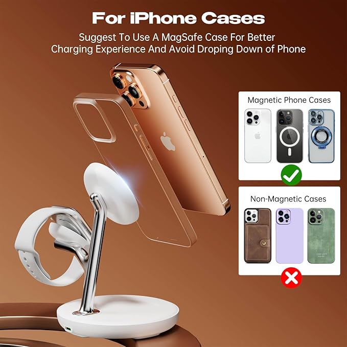 3 in 1 Wireless Charging Station for Multiple Devices Apple, Magsafe Charger Stand, Fast Magnetic Mag-Safe Wireless Charger Dock for iPhone 17-12,Watch Airpods NigntStand Charging Station