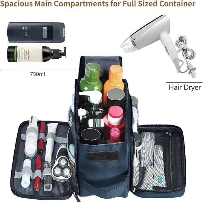 Buruis Extra Large Toiletry Bag for Men, Travel Toiletry Organizer Dopp Kit Water-resistant Shaving Bags, PU Leather Cosmetic Bathroom Shower Bag for Toiletries, Grooming, Accessories (Blue)