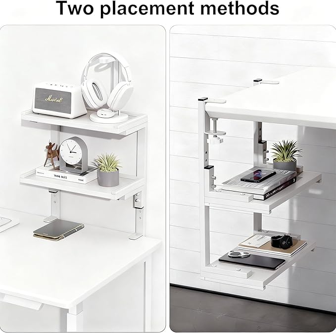 Spacrea clamp on Desk Shelf, 2 Tier Office Desk Shelves Organizer, Wood Desktop Supplies Storage Rack, Desk Organizers and Accessories (White)