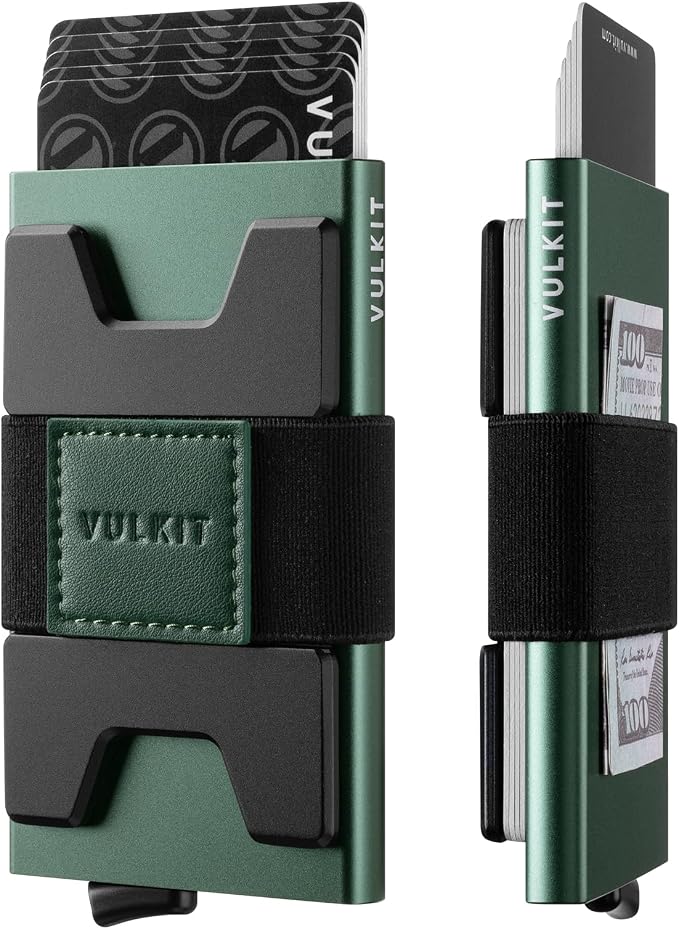 VULKIT RFID Blocking Card Holder Wallet for Men, Aluminum Expandable Backplate, Slim Minimalist Metal Pop Up Wallet, Holds 15+ Cards & Cash, Midnight Green