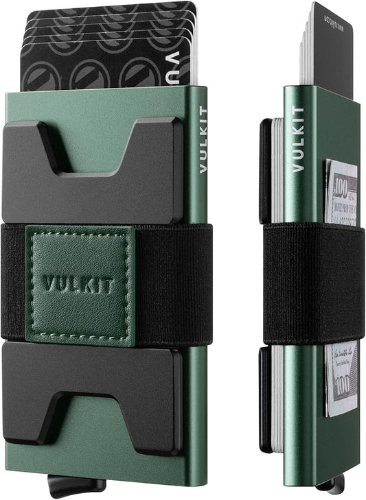 VULKIT RFID Blocking Card Holder Wallet for Men, Aluminum Expandable Backplate, Slim Minimalist Metal Pop Up Wallet, Holds 15+ Cards & Cash, Midnight Green