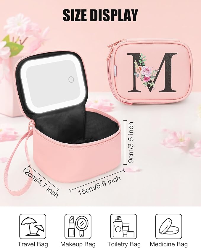 Relavel Mini Makeup Bag with Led Mirror for Mothers Day Gifts, Initial Cosmetic Bag with 3 Lighting Modes, Personalized Travel Bag, Preppy Make Up Pouch for Trip - Pink M