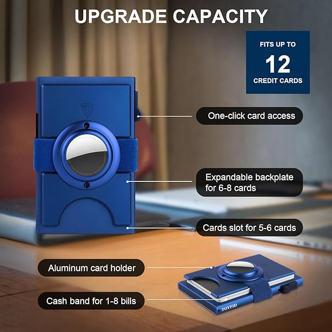 TOYFID Minimalist Wallet for Men,Slim Wallet Compatible with AirTag,Card Holder Metal Wallet,Pop Up Wallet,Metal Card Holder,Quick Access Card,Rfid Blocking Protection,Hold 12+ Credit Cards (Blue)