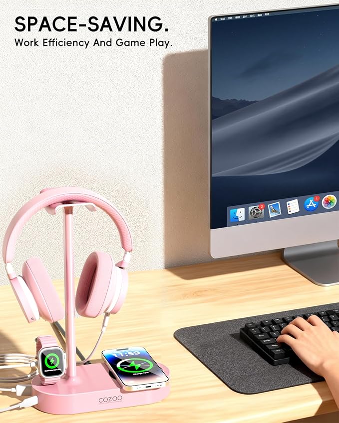 cozoo Pink Headphone Stand with 15W Wireless Charger, USB & Type-C Ports,Cute Desk Gaming Headset Holder,Gifts for Women,Teen Girls, Girlfriend,Gamer Girls,Aesthetic Desk Accessories, for Her