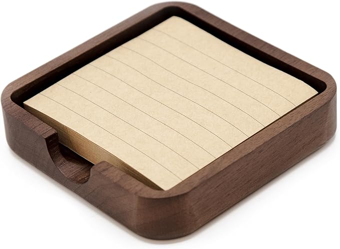 MUUJEE Wooden Office Desk Note Holder Organizer - 3.75 x 3.75 for Work Teacher Dad Wood Tray Post It Sticky Notes Work Minimalist Rustic