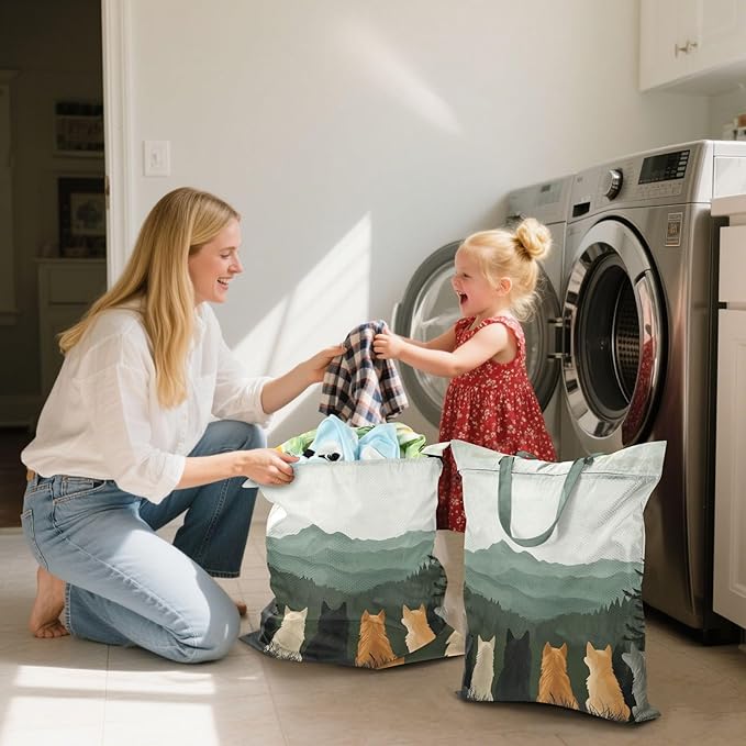 Travel Laundry Bags 2 PC Wet Dry Bag with Handle Dirty Clothes Organizer for Swimsuits Beach Camping Waterproof Washable Cute Wolves Back and Green Mountain
