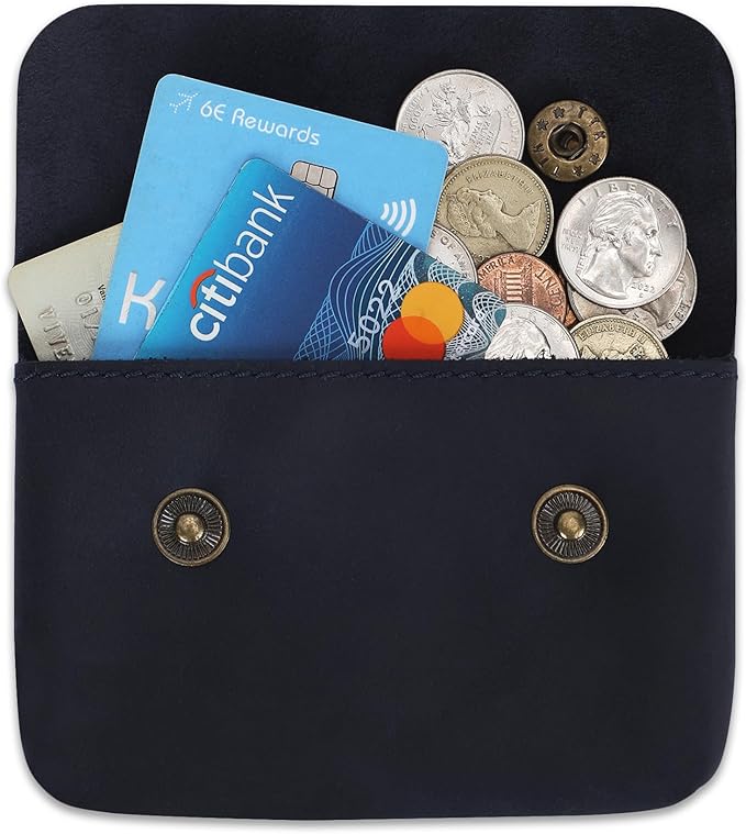 Leather Double Coin Pouch Premium Cash & Card Holder Compact Cable Organizer Travel Makeup Bag, Handmade Artisan Craft Vintage Leather Accessories Multipurpose Wallet & Organizer (Black)