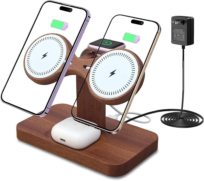 Magnetic Dual Wireless Charger for Apple Multiple Devices,Two Phone Charging Station for iPhone 17/16/15/14/13,AirPods & Apple Watch,Wood Charger Stand Desk Organizer,Gift for Men Dad Boyfriend
