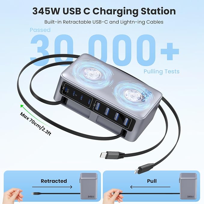 345W USB C Charger 10 in 1 Retractable Wall Charger with 2 Cables,GaN 6 USB C Charging Station Phone Charging PD Laptop Charger Adapter for MacBook Pro/Air,DELL,iPhone17/16/15,Galaxy S24,Android etc